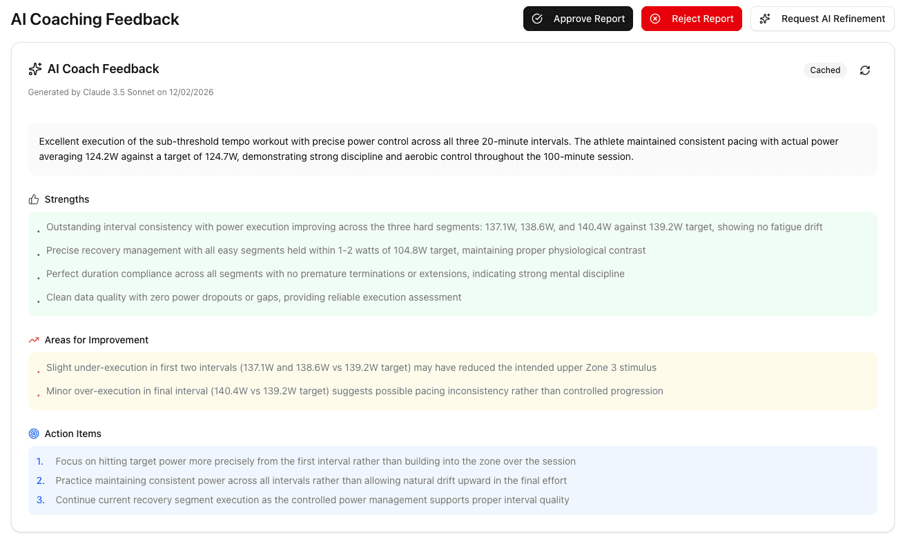 AI coaching feedback with approve, reject, and refine controls